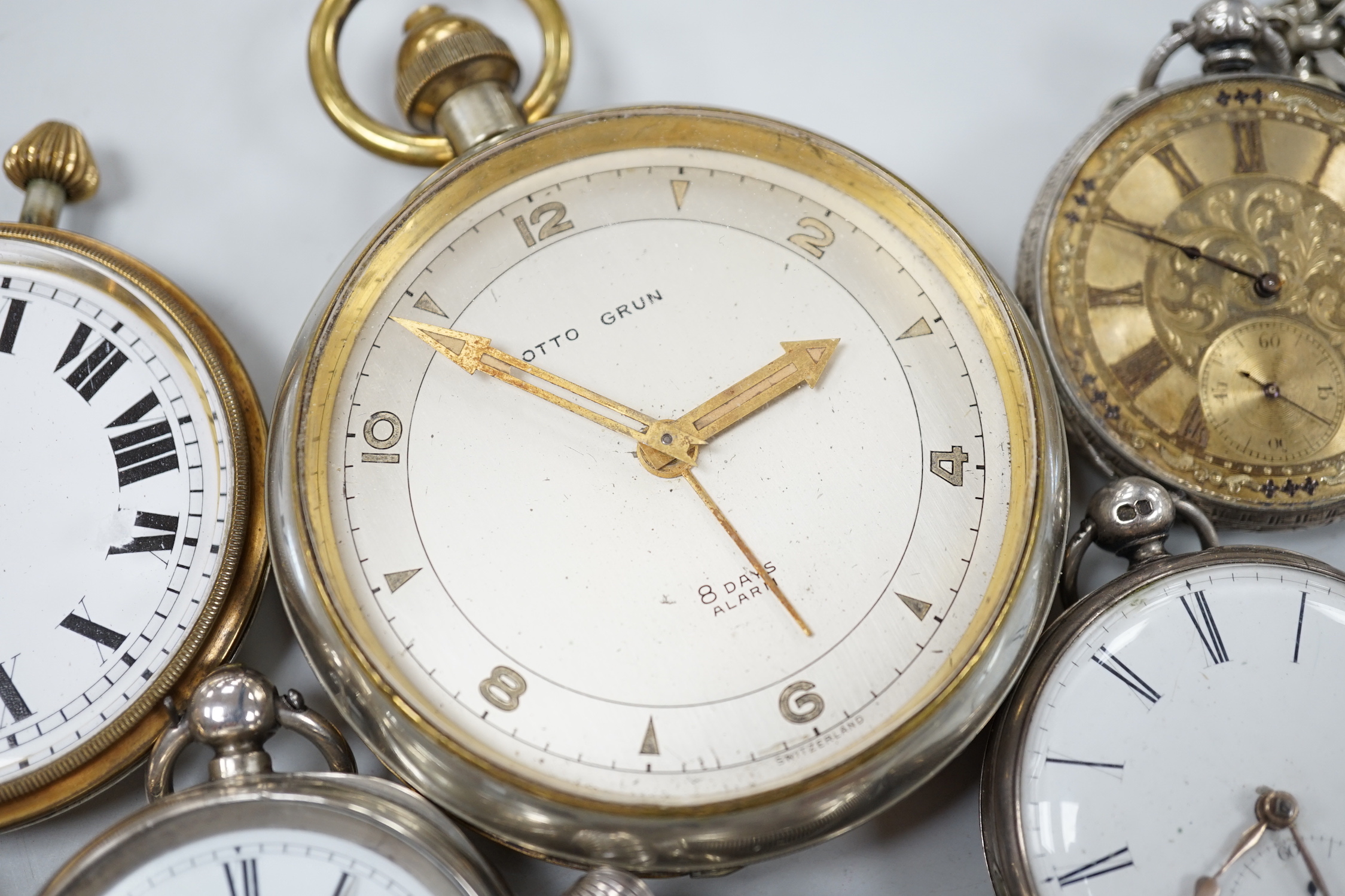 Thirteen assorted silver and mainly base metal pocket watches including half hunter and calendar moonphase.